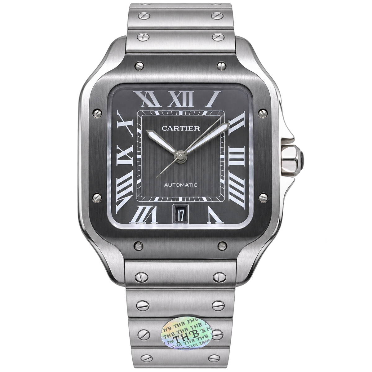 Cartier Santos de Cartier Large Stainless Steel Smoked Grey Sunburst Dial Silver Roman Numerals Date Automatic Integrated Bracelet QuickSwitch Watch