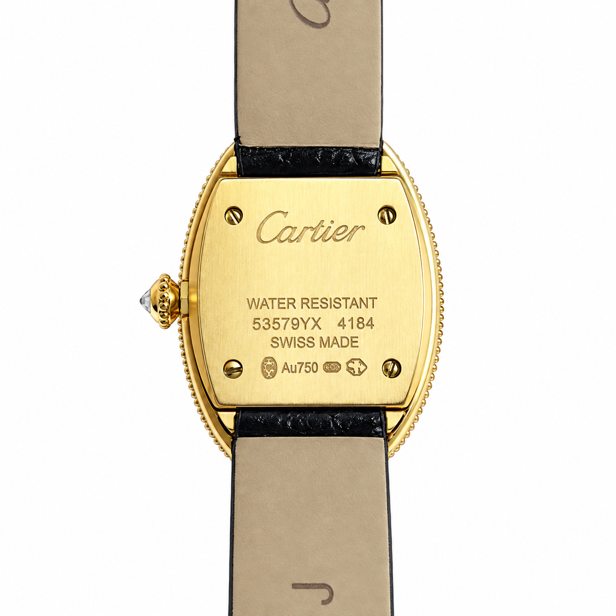 Cartier Baignoire Vintage Small — 18K Yellow Gold, Double Diamond Bezel, Cream Dial & Black Leather Strap, Women