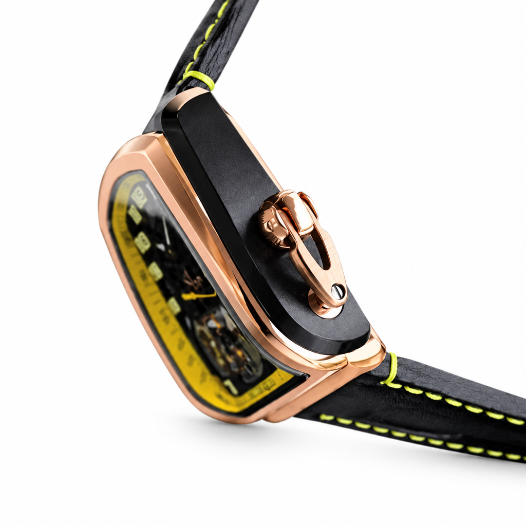 Jacob & Co. Palatial Flying Tourbillon Rose Gold Double Skeleton Yellow Black Leather Watch