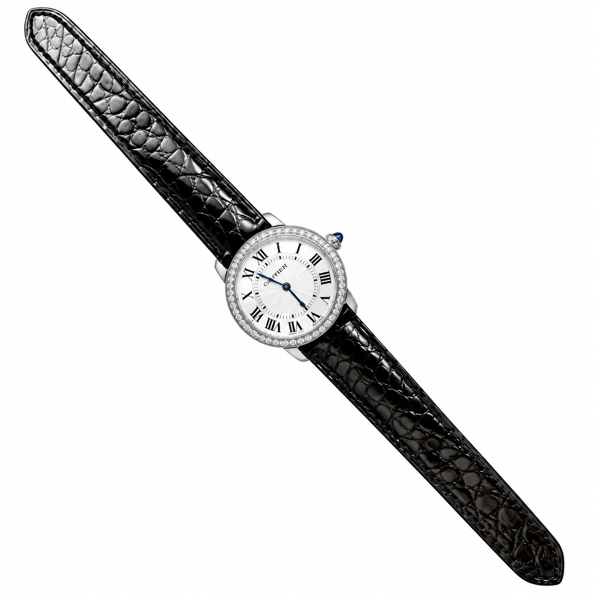 Cartier Ronde Louis Diamond Bezel White Dial Black Strap Watch – KDY