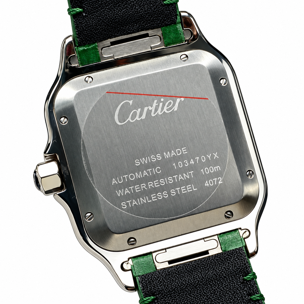 Cartier Santos de Cartier Automatic — 18K White Gold, Full Diamond Bezel, Green Arabic Dial & Green Alligator Strap