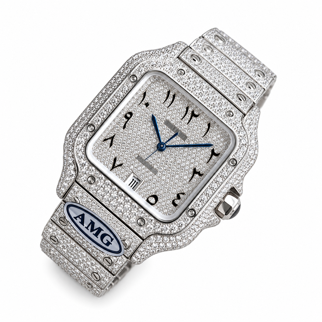 Cartier Santos de Cartier Large — Steel, Full Iced-Out Diamonds, Arabic Numeral Pavé Dial, Date & Diamond Bracelet, Automatic