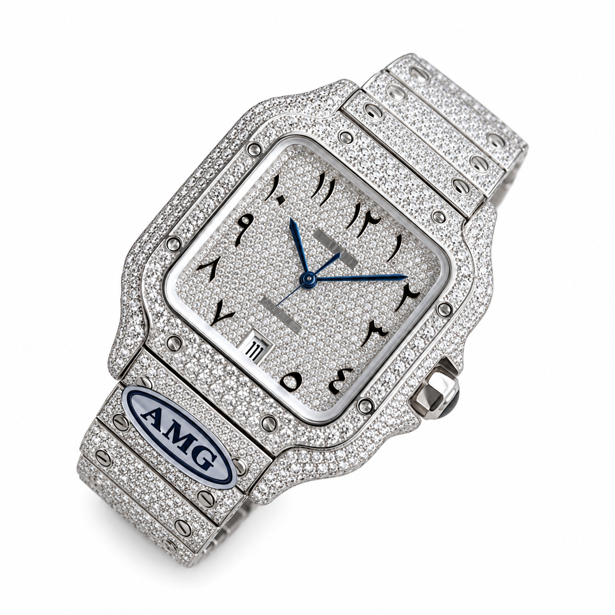 Cartier Santos de Cartier Large — Steel, Full Iced-Out Diamonds, Arabic Numeral Pavé Dial, Date & Diamond Bracelet, Automatic