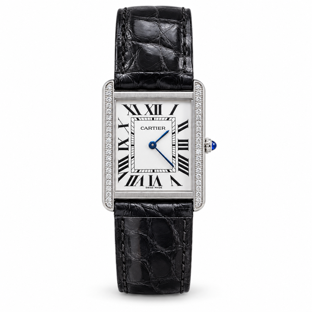 Cartier Tank Louis Large White Gold Diamond Lugs Silver Dial Black Strap Watch – KDY