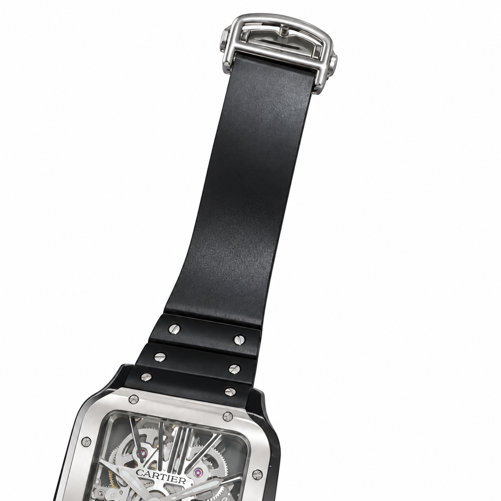 Cartier Santos de Cartier Skeleton Automatic — Steel & ADLC, Open Caseback & Black Rubber Strap, Large
