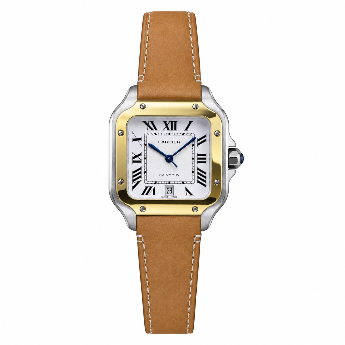 Cartier Santos de Cartier Medium — Steel & Yellow Gold, White Dial, Roman Numerals, Date & Tan Leather Strap, Automatic