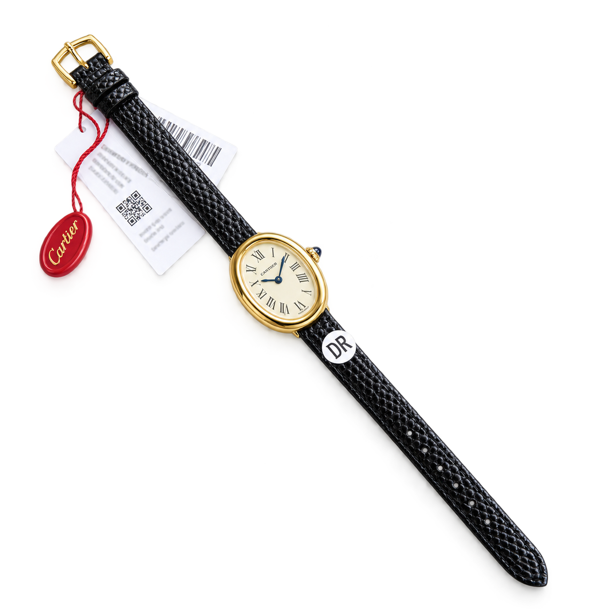 Cartier Baignoire — 18K Yellow Gold, Ivory Dial & Black Leather Strap