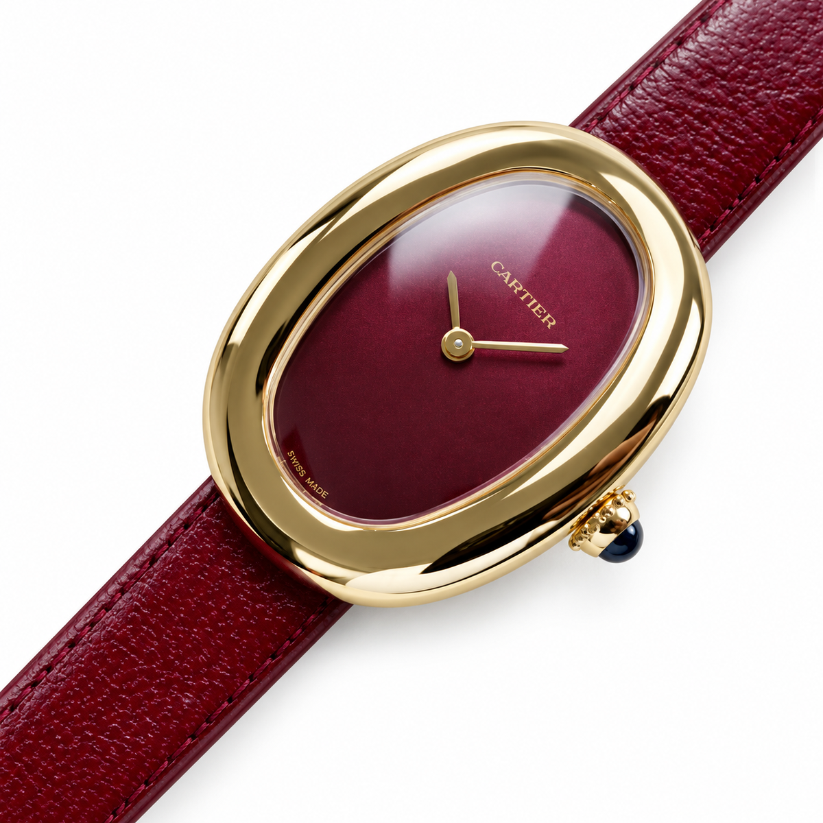 Cartier Baignoire — 18K Yellow Gold, Burgundy Lacquer Dial & Red Leather Strap