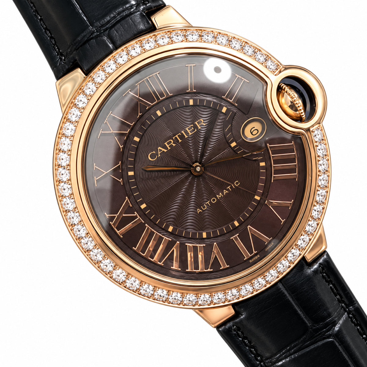 Cartier Ballon Bleu 42mm Automatic — 18K Rose Gold, Diamond Bezel, Grey Dial & Black Alligator Strap