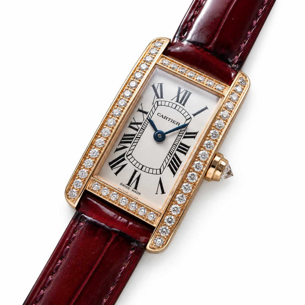 Cartier Tank Américaine — 18K Rose Gold, Full Diamond Bezel & Burgundy Alligator Strap