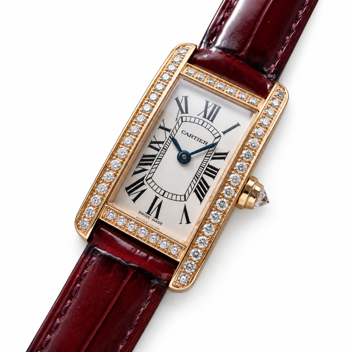 Cartier Tank Américaine — 18K Rose Gold, Full Diamond Bezel & Burgundy Alligator Strap