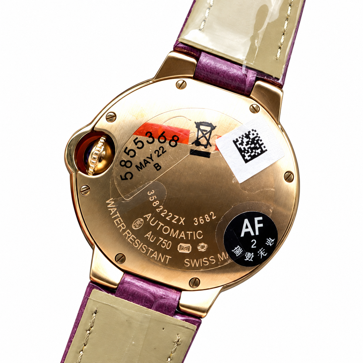 Cartier Ballon Bleu Automatic — 18K Yellow Gold, Diamond Bezel & Purple Alligator Strap