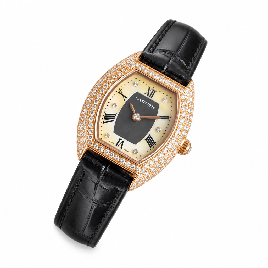 Cartier Tortue — Rose Gold Diamond Bezel & Orange Alligator Strap