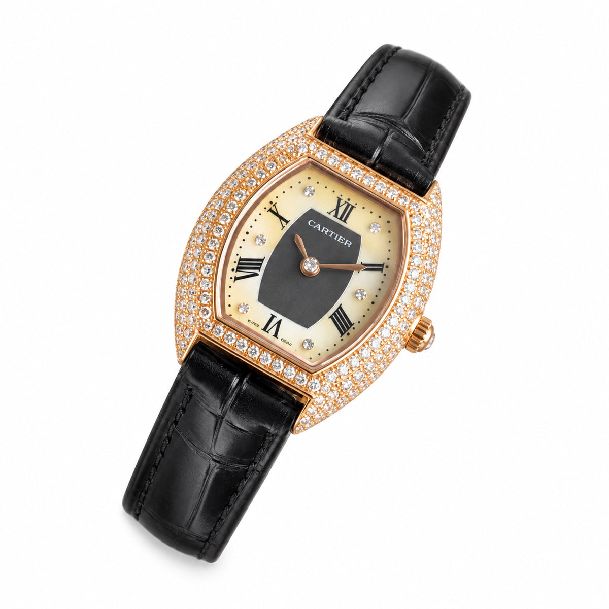 Cartier Tortue — Rose Gold Diamond Bezel & Orange Alligator Strap