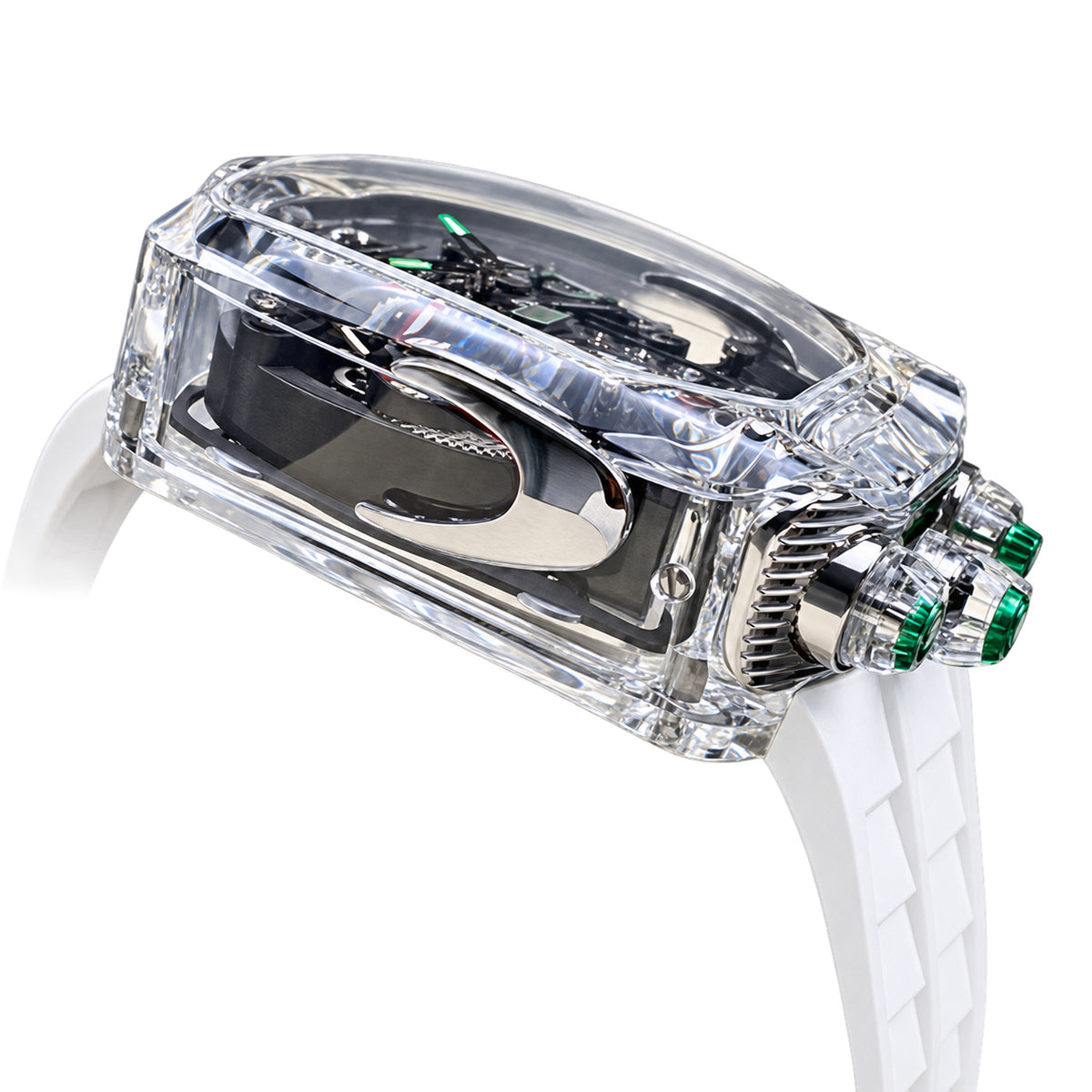 Jacob & Co. x Bugatti Chiron Clear Sapphire Tourbillon Green Accents White Rubber Watch