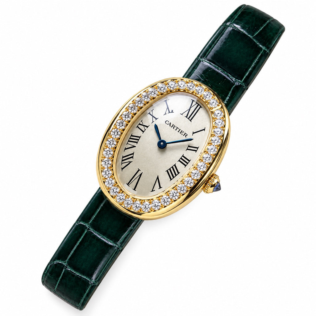 Cartier Baignoire Yellow Gold Diamond Bezel Ivory Dial Green Strap Watch – KDY