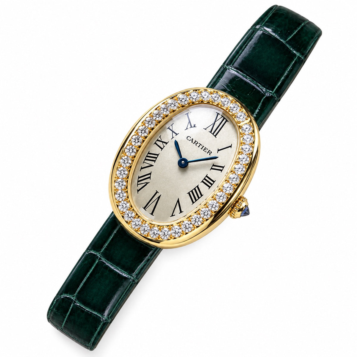Cartier Baignoire Yellow Gold Diamond Bezel Ivory Dial Green Strap Watch – KDY