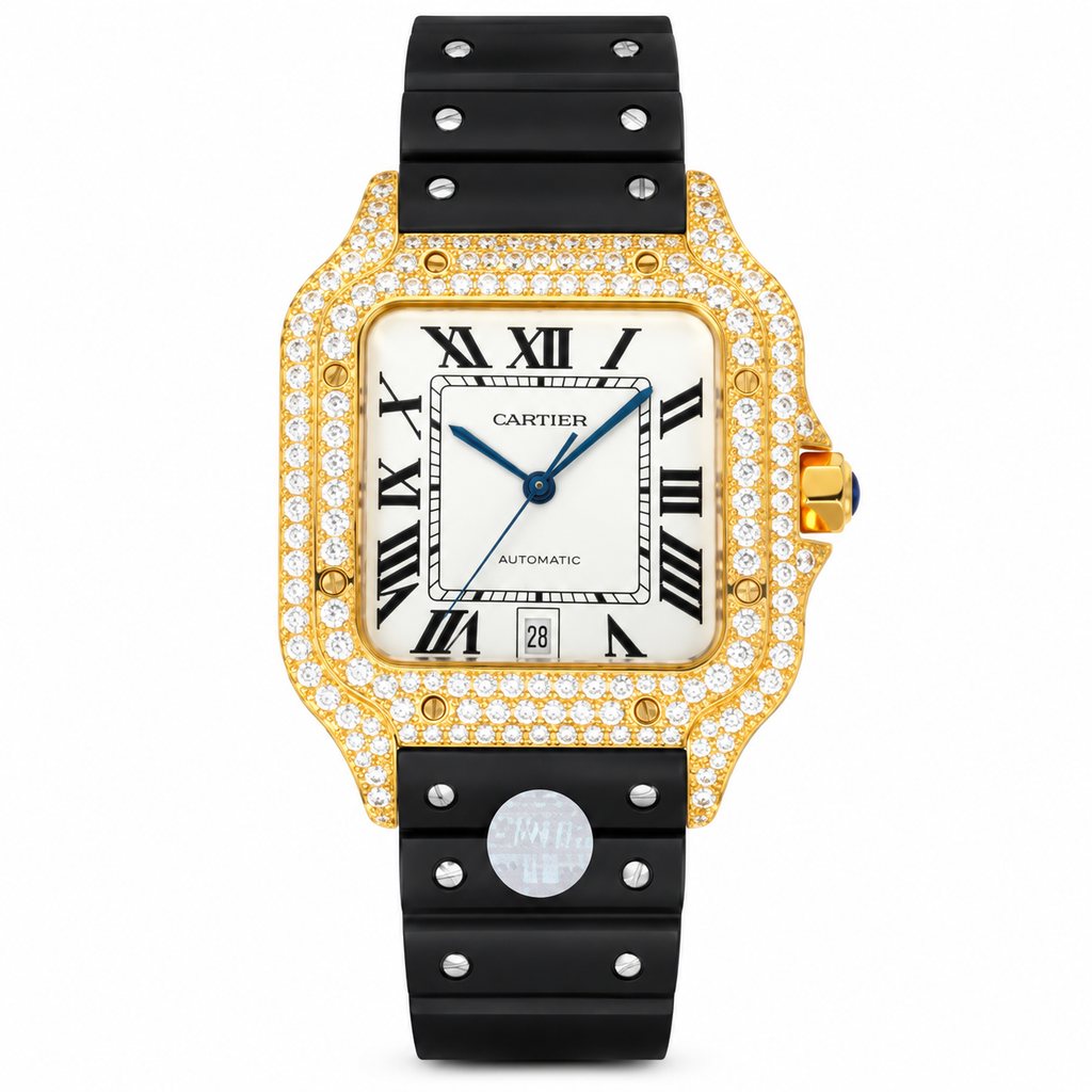 Cartier Santos de Cartier Automatic — 18K Yellow Gold, Full Diamond Bezel & Black Rubber Strap, Large