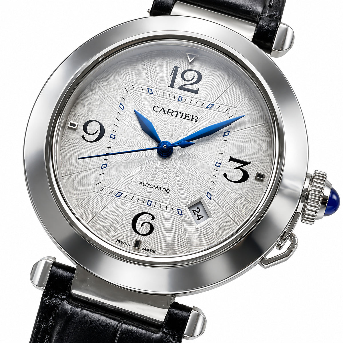 Cartier Pasha de Cartier 41mm — Steel, Silver Dial, Arabic Numerals, Date & Black Alligator Strap, Automatic