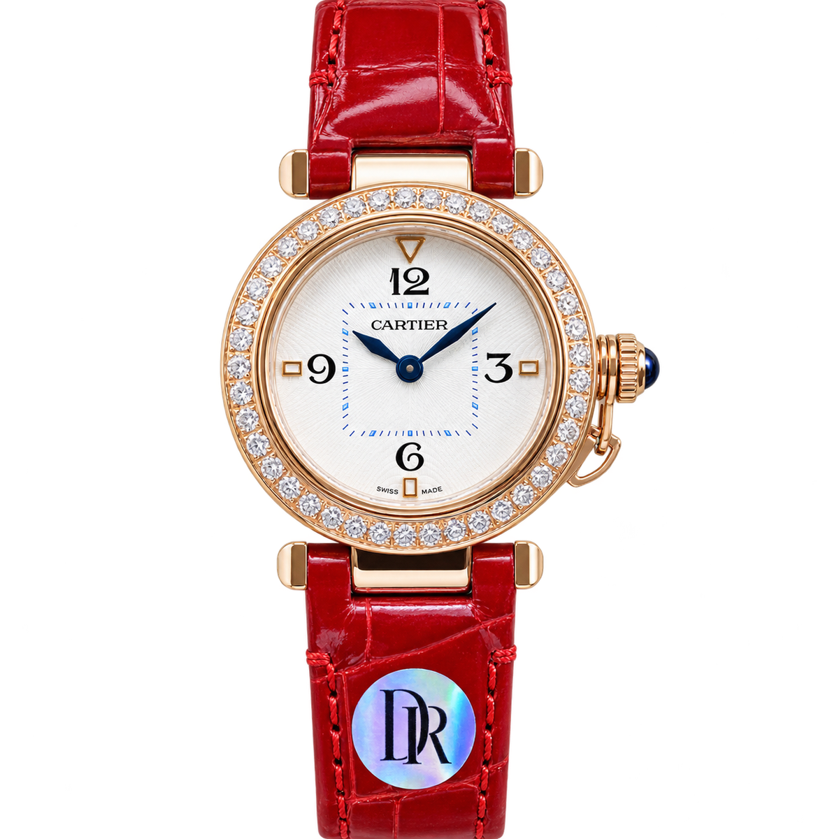 Cartier Pasha de Cartier 30mm — 18K Rose Gold, Diamond Bezel, White Dial & Red Alligator Strap, Quartz, Women