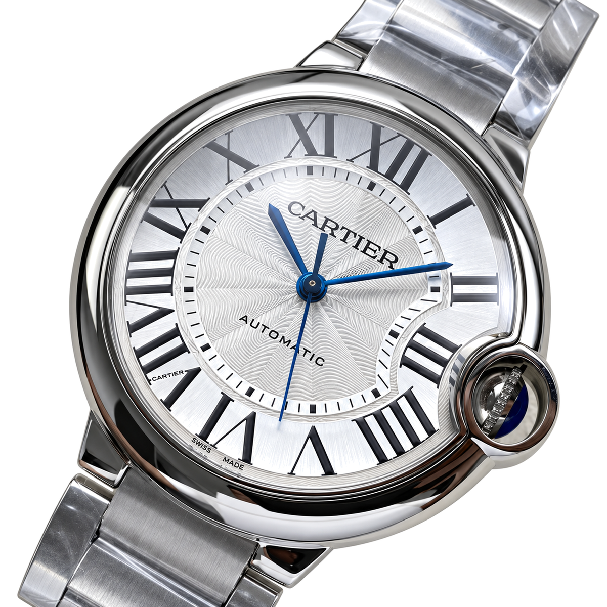 Cartier Ballon Bleu de Cartier Automatic — Stainless Steel Bracelet, White Guilloché Dial & Sapphire Crown