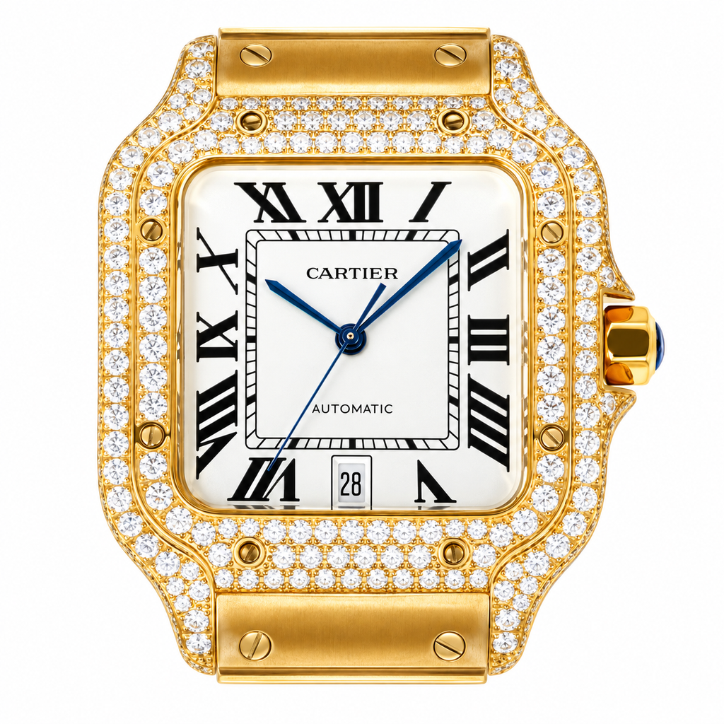 Cartier Santos de Cartier Automatic — 18K Yellow Gold, Full Diamond Bezel & Gold Bracelet, Large
