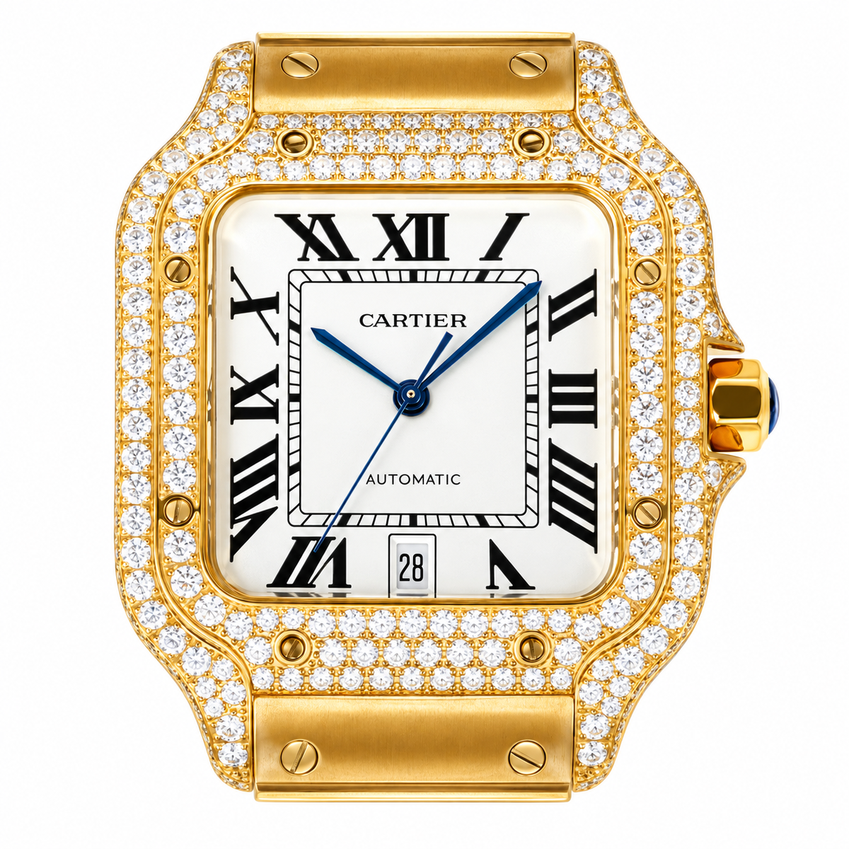 Cartier Santos de Cartier Automatic — 18K Yellow Gold, Full Diamond Bezel & Gold Bracelet, Large
