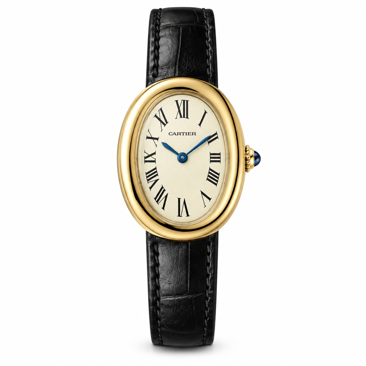 Cartier Baignoire — 18K Yellow Gold, Cream Oval Dial, Roman Numerals & Black Alligator Strap, Women