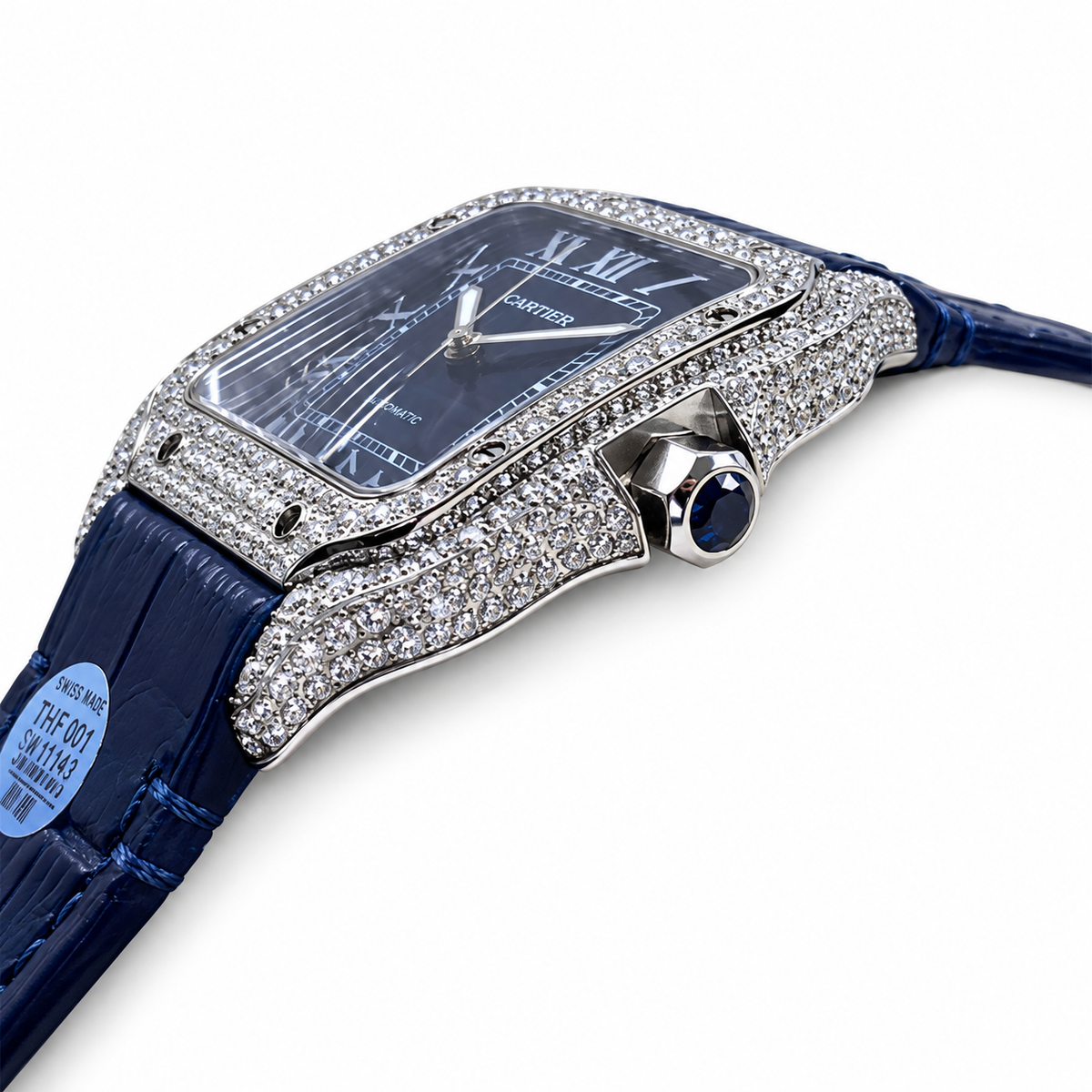 Cartier Santos de Cartier Large — Steel, Diamond Bezel, Blue Dial, Roman Numerals & Blue Alligator Strap, Automatic