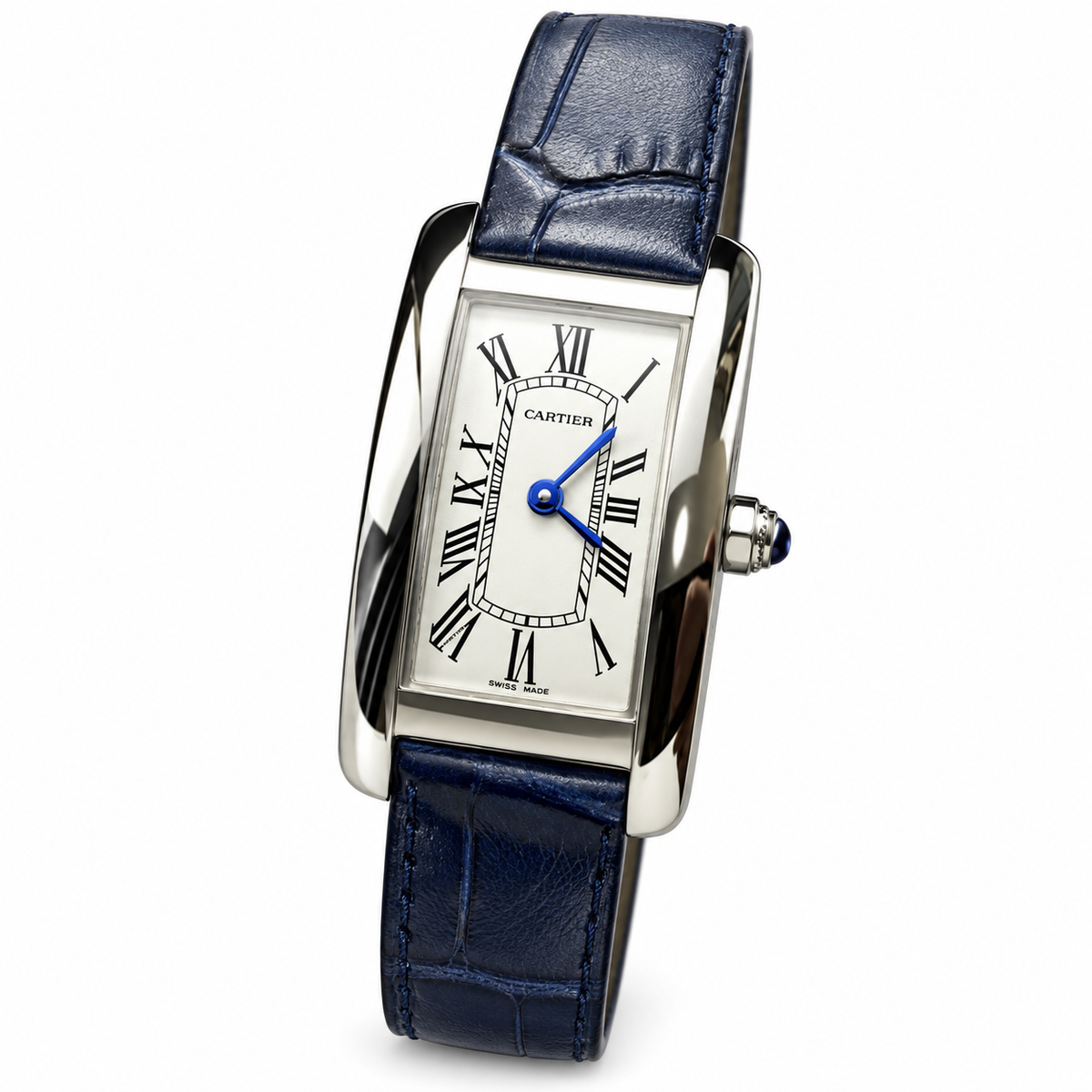 Cartier Tank Américaine Steel Silver Dial Blue Strap Watch – KDY