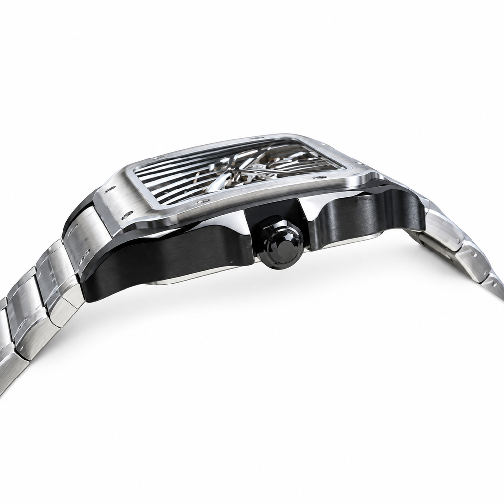 Cartier Santos de Cartier Skeleton — Steel & Black ADLC Bezel, Steel Bracelet