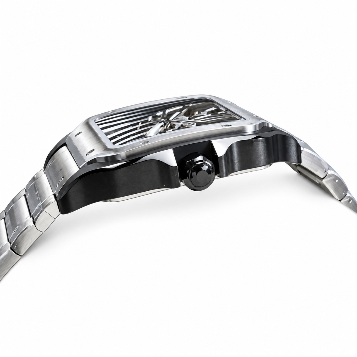 Cartier Santos de Cartier Skeleton — Steel & Black ADLC Bezel, Steel Bracelet