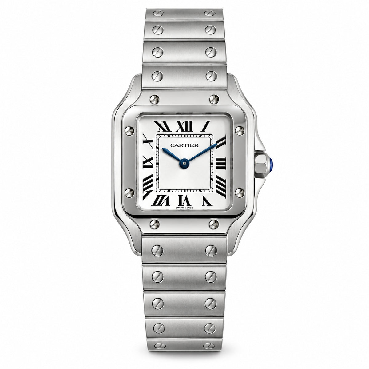 Cartier Santos de Cartier Medium Stainless Steel Ivory White Dial Blued-Steel Hands Quartz Integrated Bracelet QuickSwitch Watch