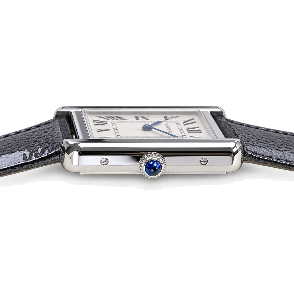 Cartier Tank Solo XL — Steel, White Dial, Roman Numerals, Date & Black Leather Strap, Automatic