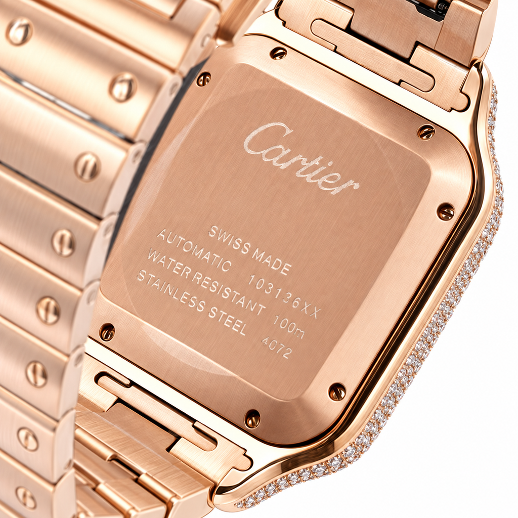 Cartier Santos Large — 18K Rose Gold, Full Diamond Bezel & Lugs, White Dial, Arabic Calligraphy, Date & Rose Gold Bracelet, Automatic
