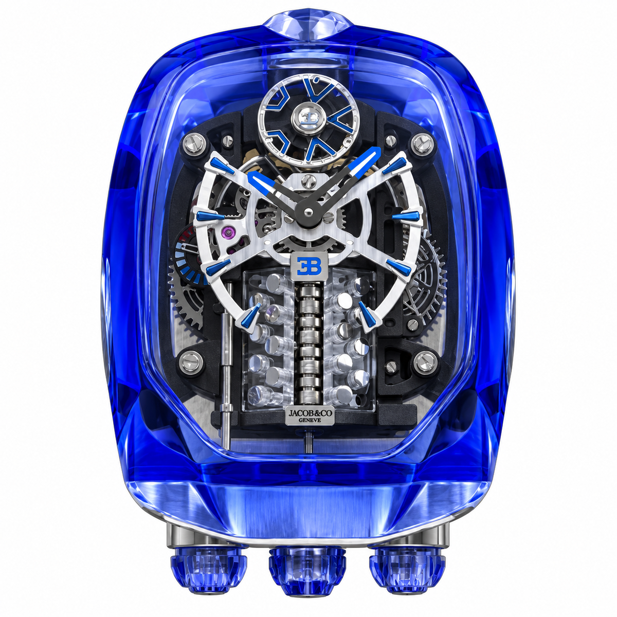 Jacob & Co. x Bugatti Chiron Full Blue Sapphire Tourbillon Engine Black Rubber Watch