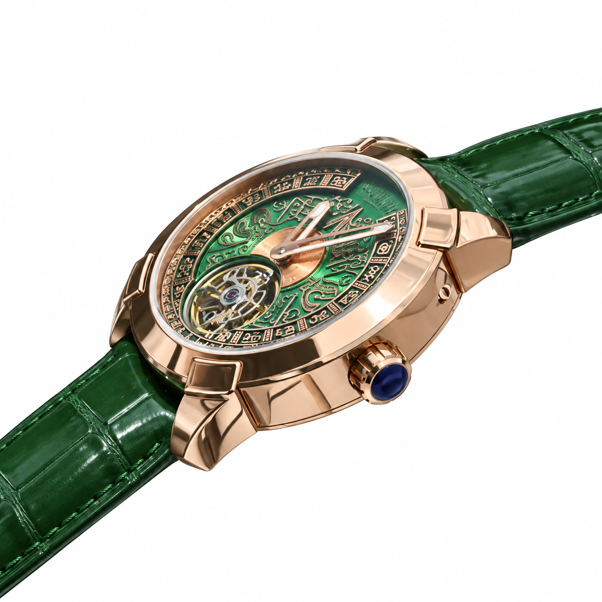 Louis Moinet Mecanograph Mayan Rose Gold Green Enamel Tourbillon Green Leather Watch