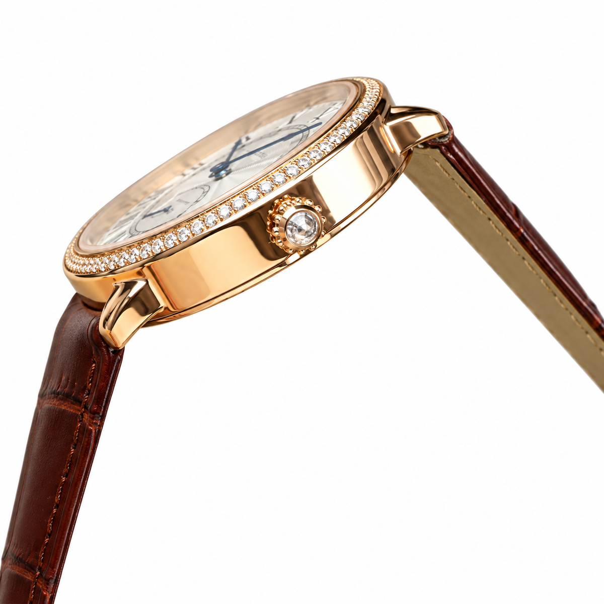 Cartier Ronde Louis Cartier — 18K Rose Gold, Diamond Bezel, Silver Guilloché Dial, Small Seconds, Date & Brown Alligator Strap, Automatic