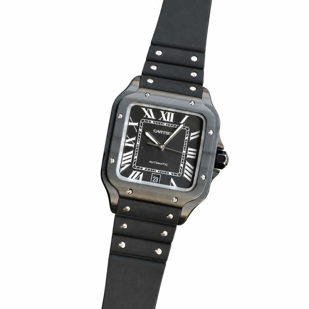 Cartier Santos de Cartier Large — Full Black ADLC, Black Dial, Roman Numerals & Black Rubber Strap, Automatic
