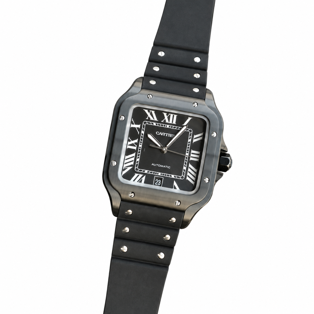 Cartier Santos de Cartier Large — Full Black ADLC, Black Dial, Roman Numerals & Black Rubber Strap, Automatic