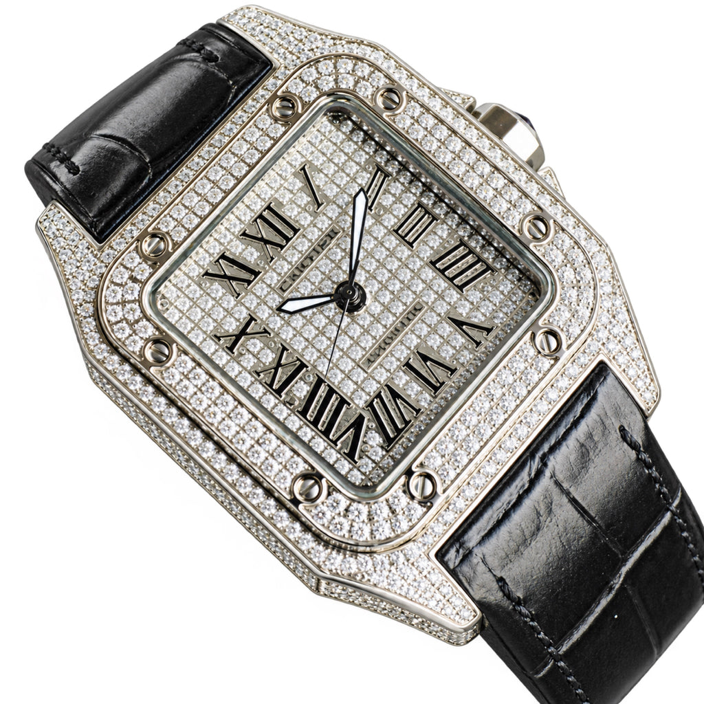 Cartier Santos de Cartier Large — Steel, Full Iced-Out Diamonds, Pavé Dial, Roman Numerals & Black Alligator Strap, Automatic