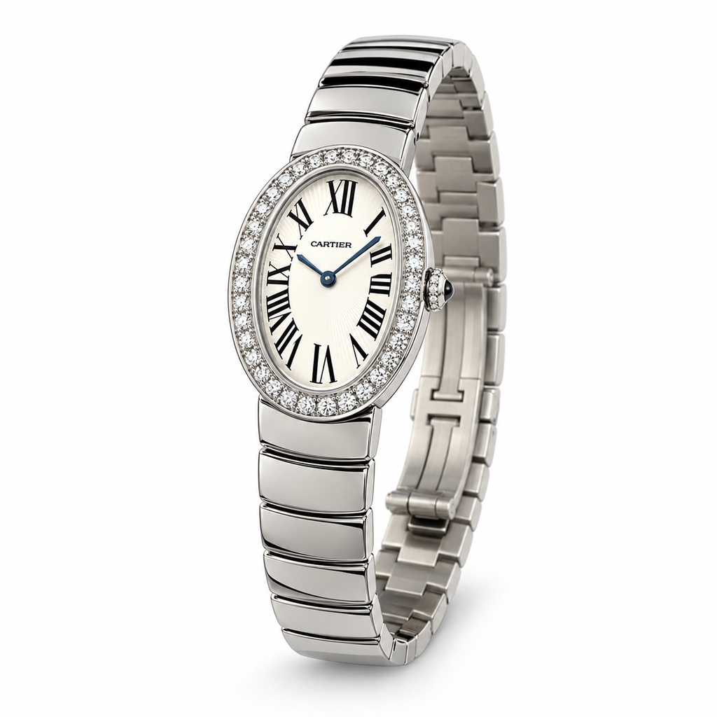 Cartier Baignoire Large — 18K White Gold, Diamond Bezel, Silver Dial, Roman Numerals & White Gold Bracelet, Women