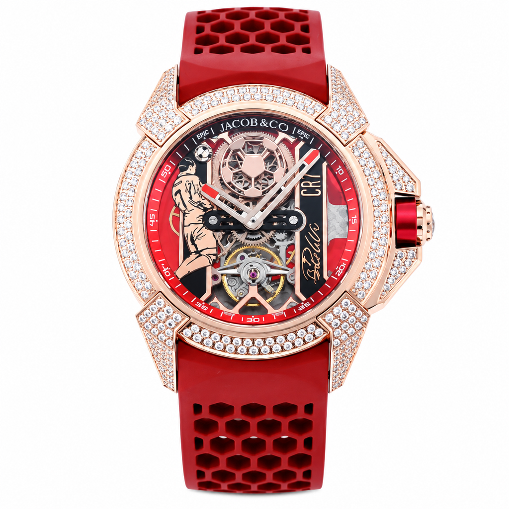 Jacob & Co. Epic X CR7 Rose Gold Diamond Tourbillon Skeleton Red Rubber Watch