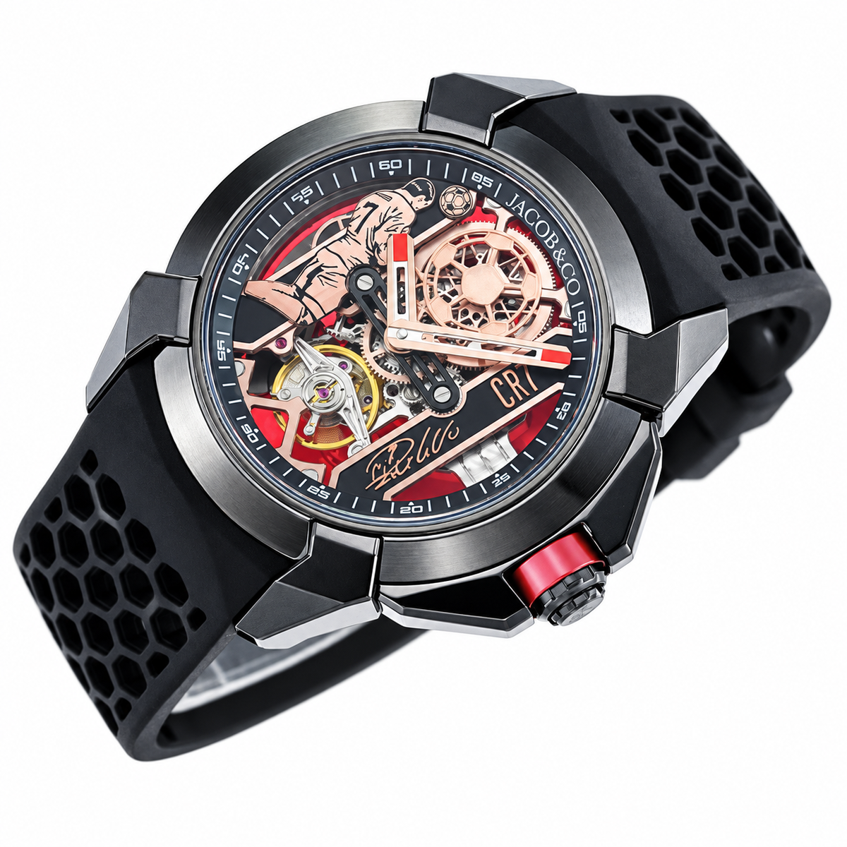 Jacob & Co. Epic X CR7 Black DLC Tourbillon Skeleton Red Honeycomb Rubber Watch