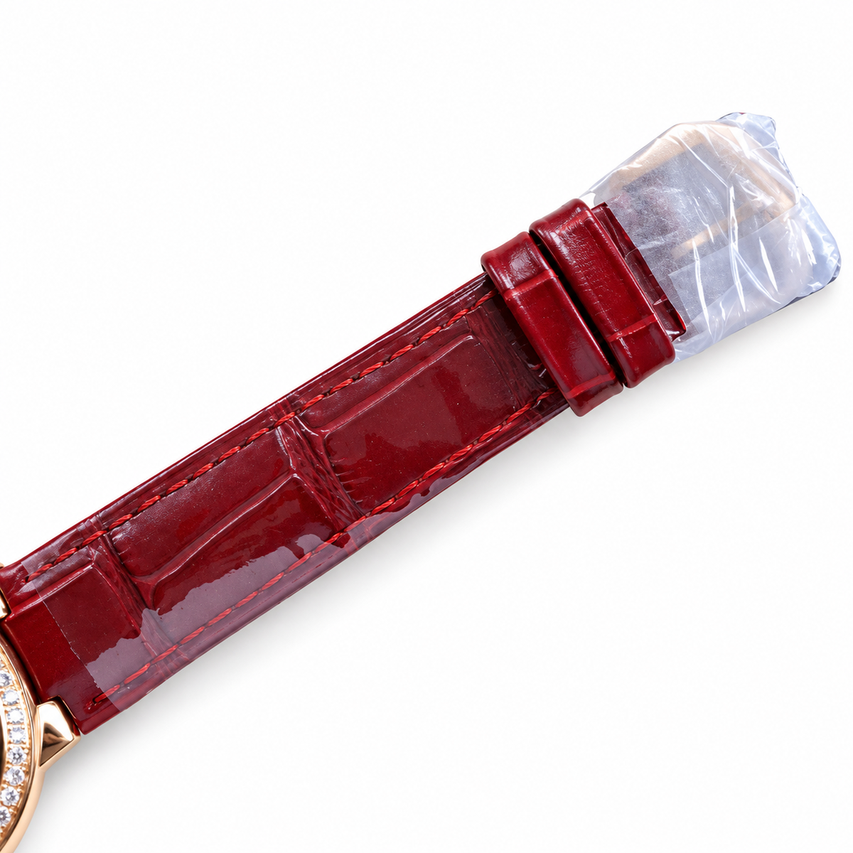 Cartier Ballon Bleu Rose Gold Diamond Bezel Red Leather Watch