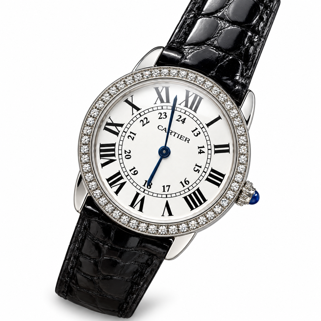 Cartier Ronde Louis Cartier — 18K White Gold, Diamond Bezel & Black Alligator Strap
