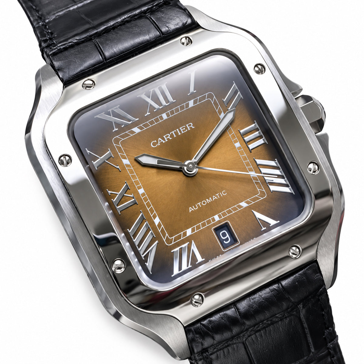 Cartier Santos de Cartier Automatic — Steel, Smoked Brown Dial & Black Alligator Strap, Large