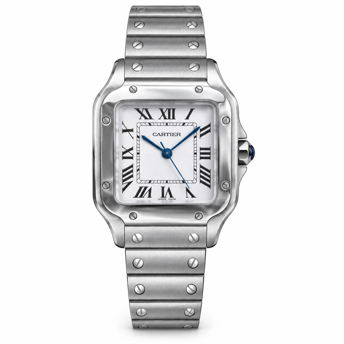 Cartier Santos Automatic White Dial Blue Hands Stainless Steel Bracelet Luxury Watch Swiss Made