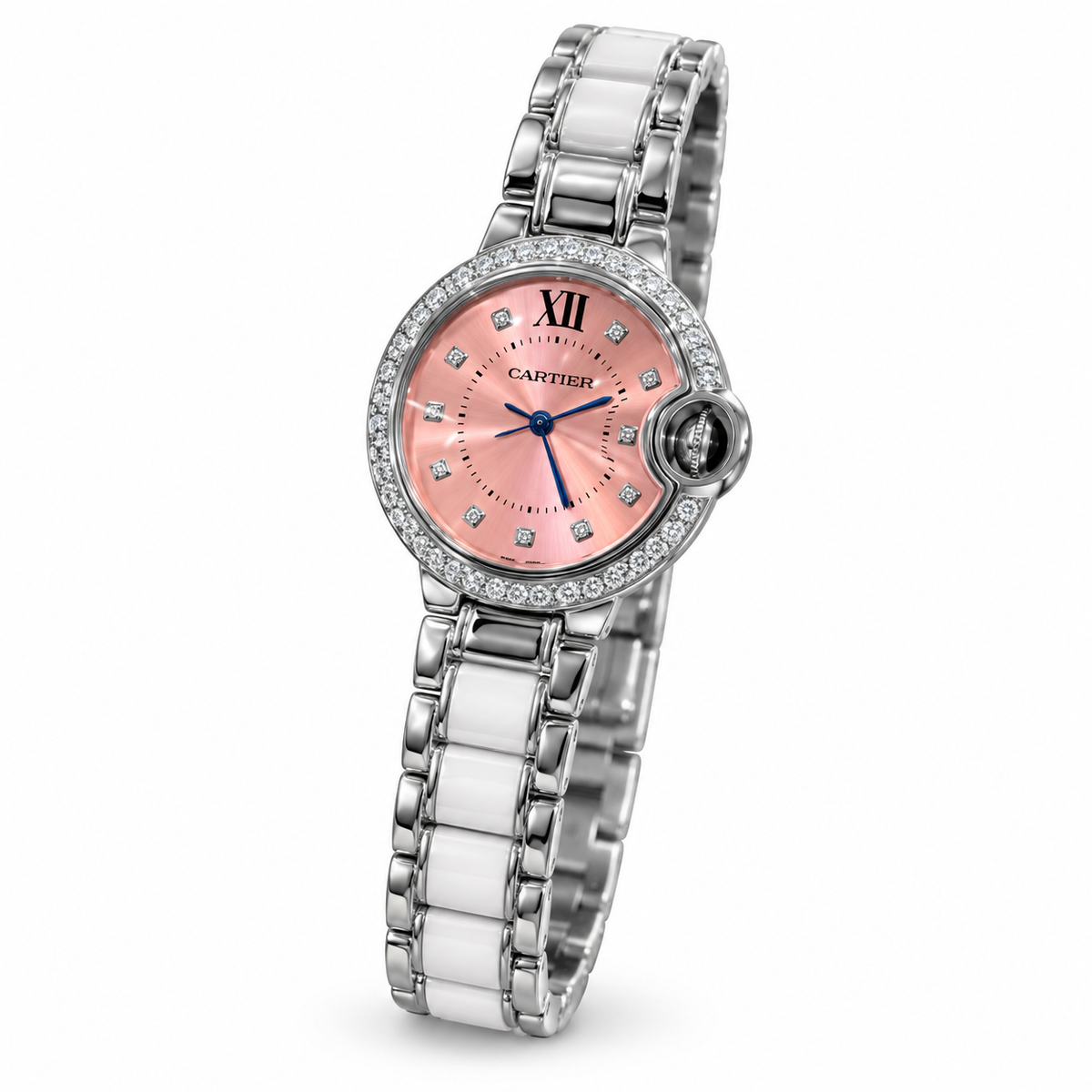 Cartier Ballon Bleu de Cartier — Diamond Bezel, Pink Dial & White Ceramic Bracelet