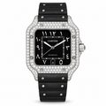 Cartier Santos Large — Steel, Full Diamond Bezel & Lugs, Black Dial, Arabic Calligraphy, Date & Black Rubber Strap, Automatic